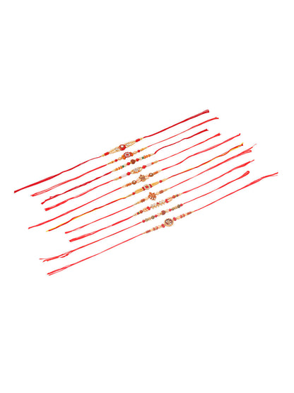 NVR Men Set of 10 Red Artificial Stones and Beads Rudraksh Thread Rakhi Combo