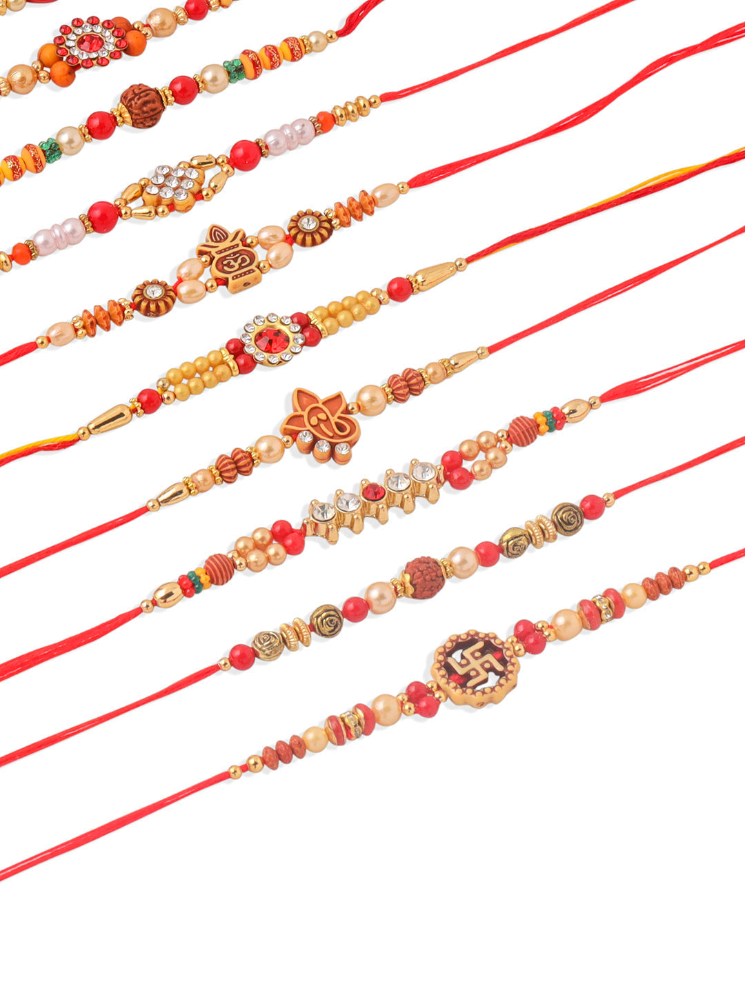 NVR Men Set of 10 Red Artificial Stones and Beads Rudraksh Thread Rakhi Combo
