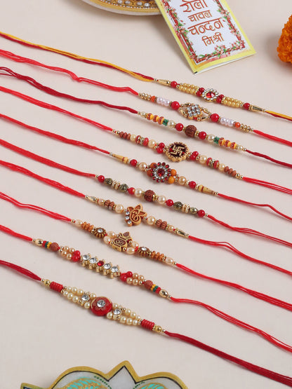 NVR Men Set of 10 Red Artificial Stones and Beads Rudraksh Thread Rakhi with Roli Chawal Chandan & Mishri