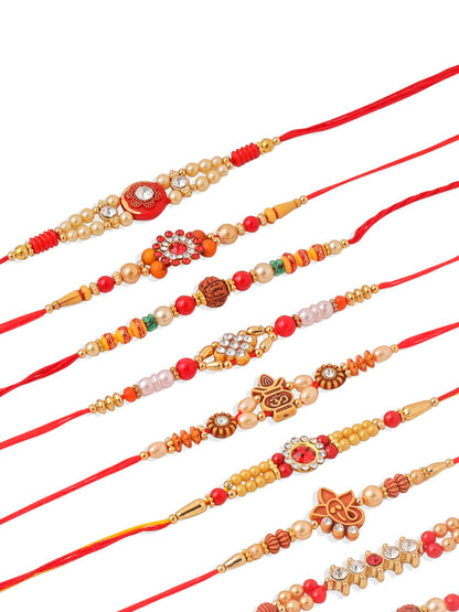 NVR Men Set of 10 Red Artificial Stones and Beads Rudraksh Thread Rakhi with Roli Chawal Chandan & Mishri