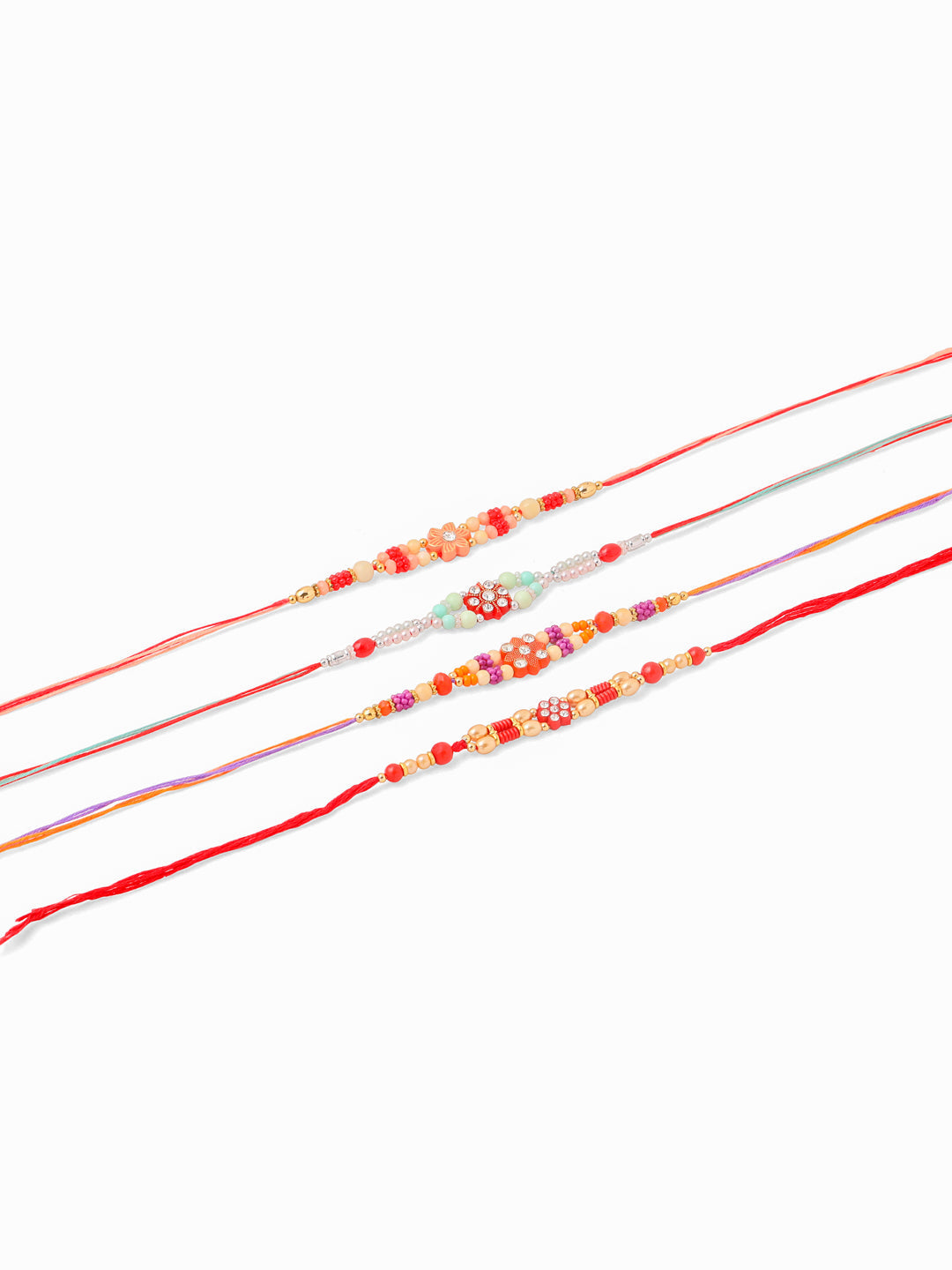 NVR Men Set of 4 Floral Design Multicolor Artificial Stones and Beads Thread Rakhi with Roli Chawal Chandan & Mishri