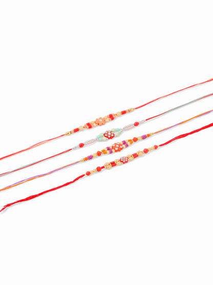 NVR Men Set of 4 Floral Design Multicolor Artificial Stones and Beads Thread Rakhi with Roli Chawal Chandan & Mishri