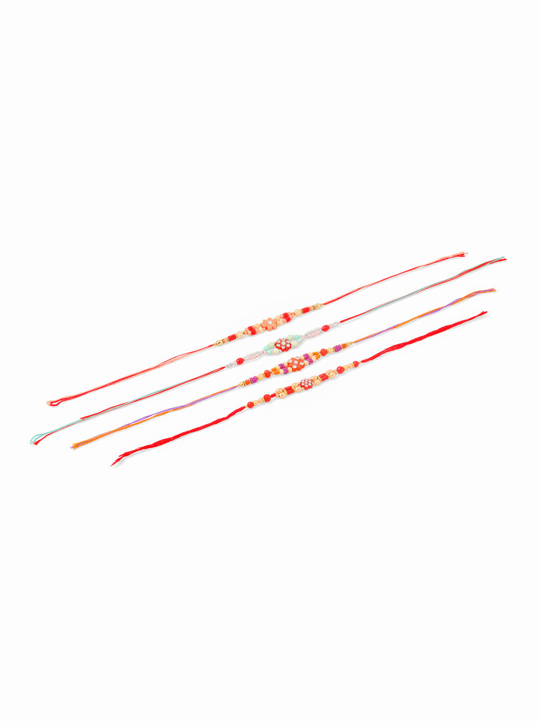NVR Men Set of 4 Floral Design Multicolor Artificial Stones and Beads Thread Rakhi with Roli Chawal Chandan & Mishri