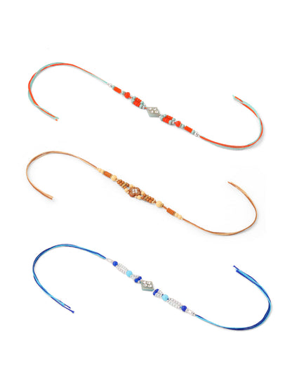 NVR Men Set of 3 Multicolor Artificial Stones and Beads Rakhi with Roli Chawal Chandan & Mishri