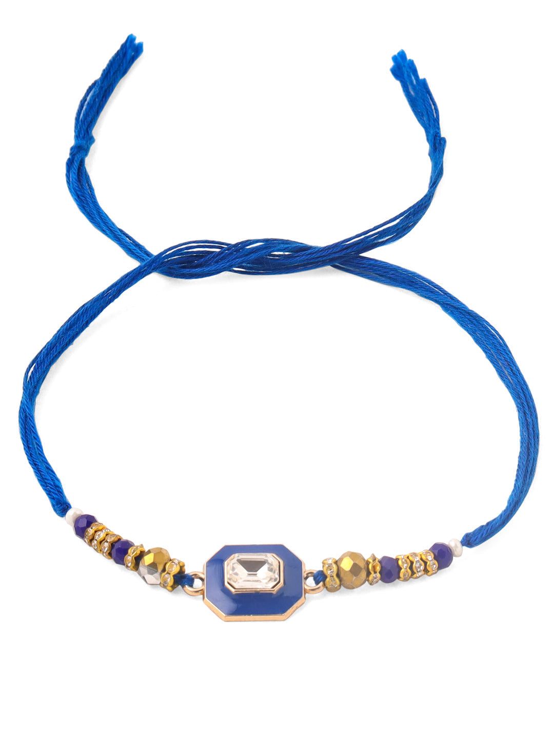 NVR Men Blue Artificial Stones Handmade Thread Rakhi with Roli Chawal Chandan & Mishri