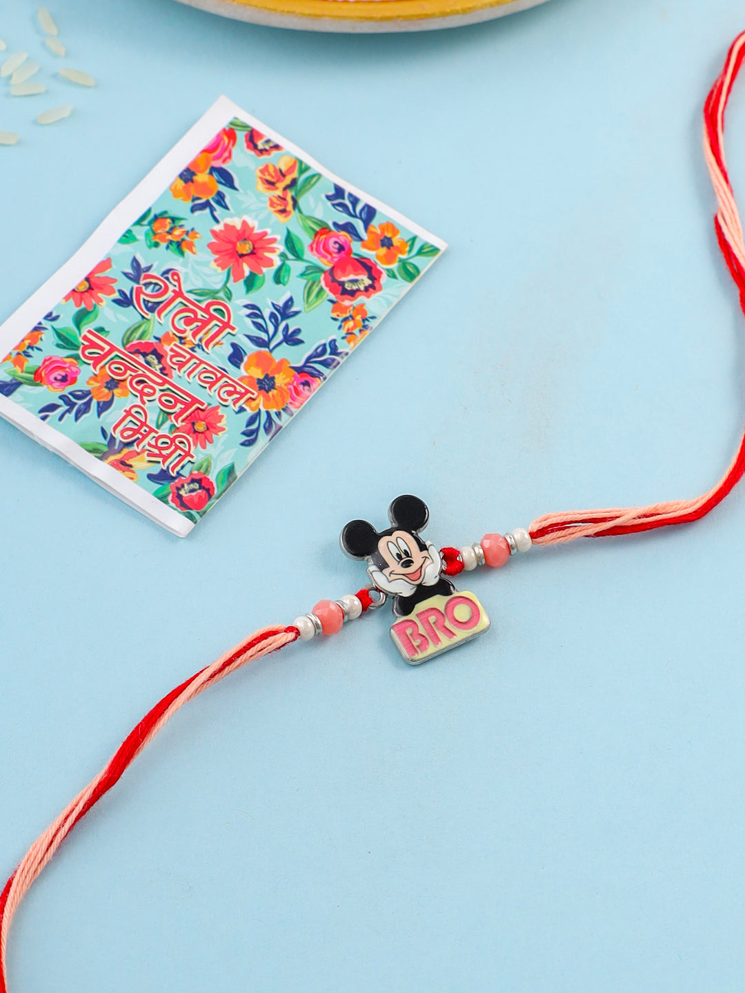 NVR Kids Micky Mouse Character Artificial Beads Thread Rakhi with Roli Chawal Chandan & Mishri