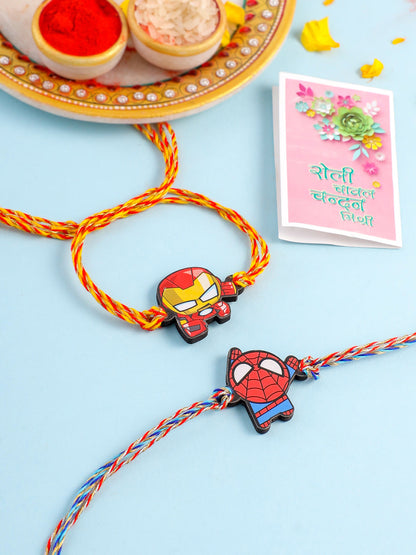 NVR Kids Set of 2 Cute Cartoon Superhero Thread Rakhi with Roli Chawal Chandan & Mishri