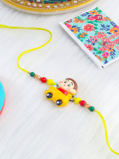 NVR Kids Yellow Cartoon Artificial Beads Rakhi with Roli Chawal Chandan & Mishri