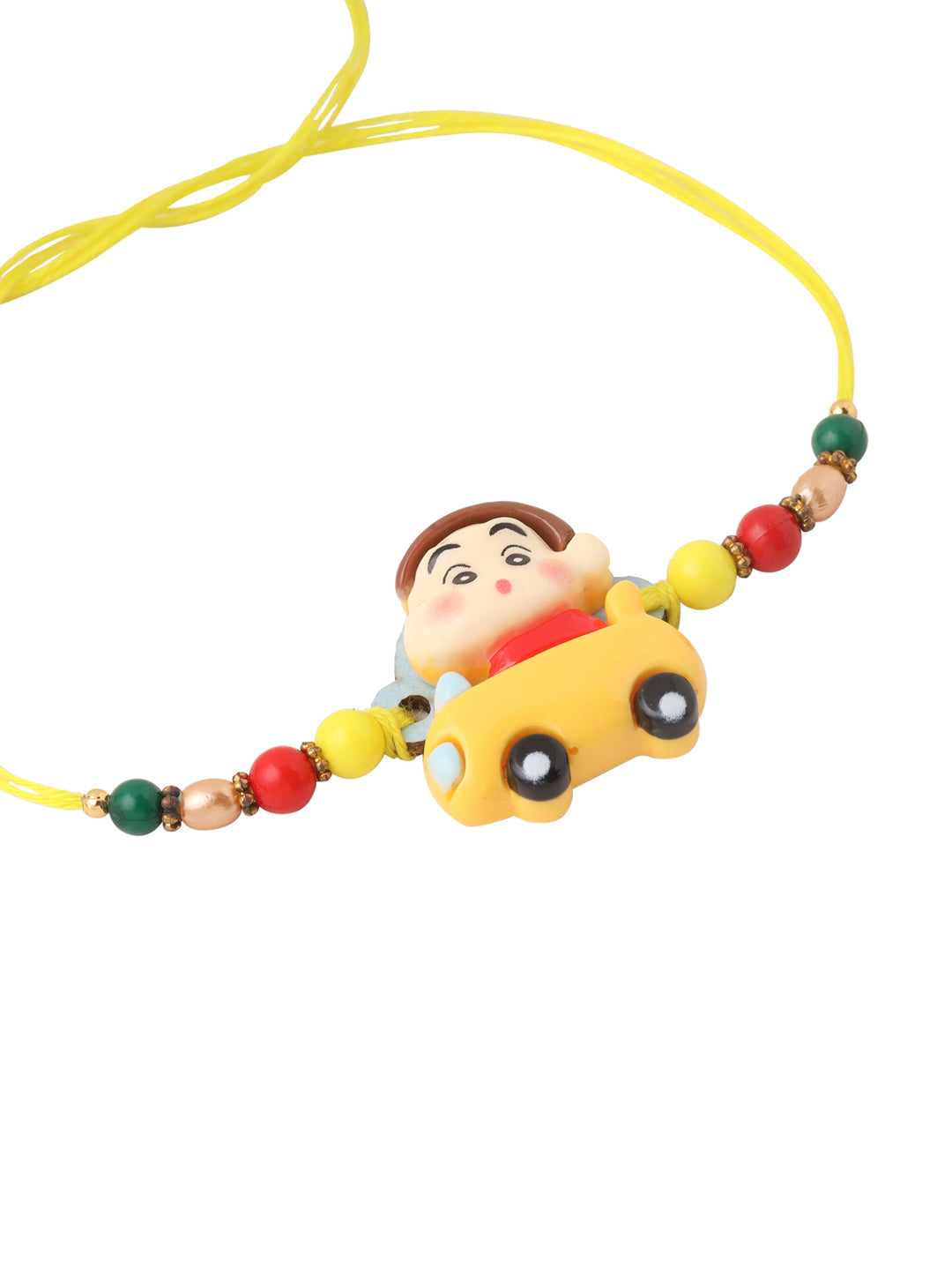 NVR Kids Yellow Cartoon Artificial Beads Rakhi with Roli Chawal Chandan & Mishri