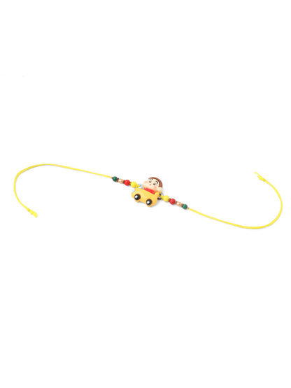 NVR Kids Yellow Cartoon Artificial Beads Rakhi with Roli Chawal Chandan & Mishri
