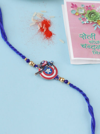 NVR Kids Superhero Blue Artificial Beads Thread Rakhi with Roli Chawal Chandan & Mishri