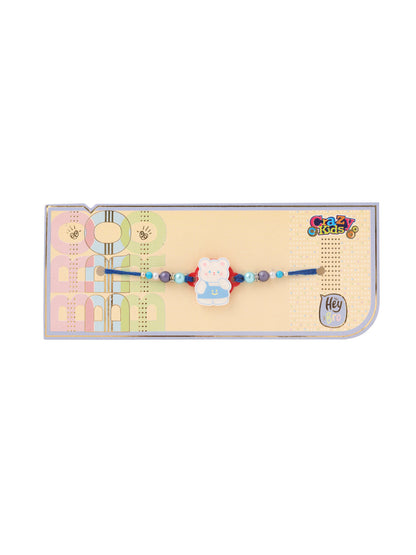 NVR Kids Teddy Blue Artificial Beads Thread Rakhi with Roli Chawal Chandan & Mishri