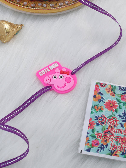 NVR Stylish Pink Cartoon Character Kids Rakhi with Roli Chawal Chandan & Mishri