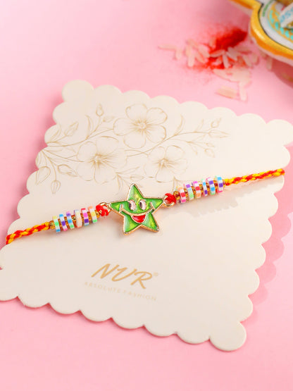 NVR Kids Star Shape Multicolor Thread Rakhi with Roli Chawal Chandan & Mishri
