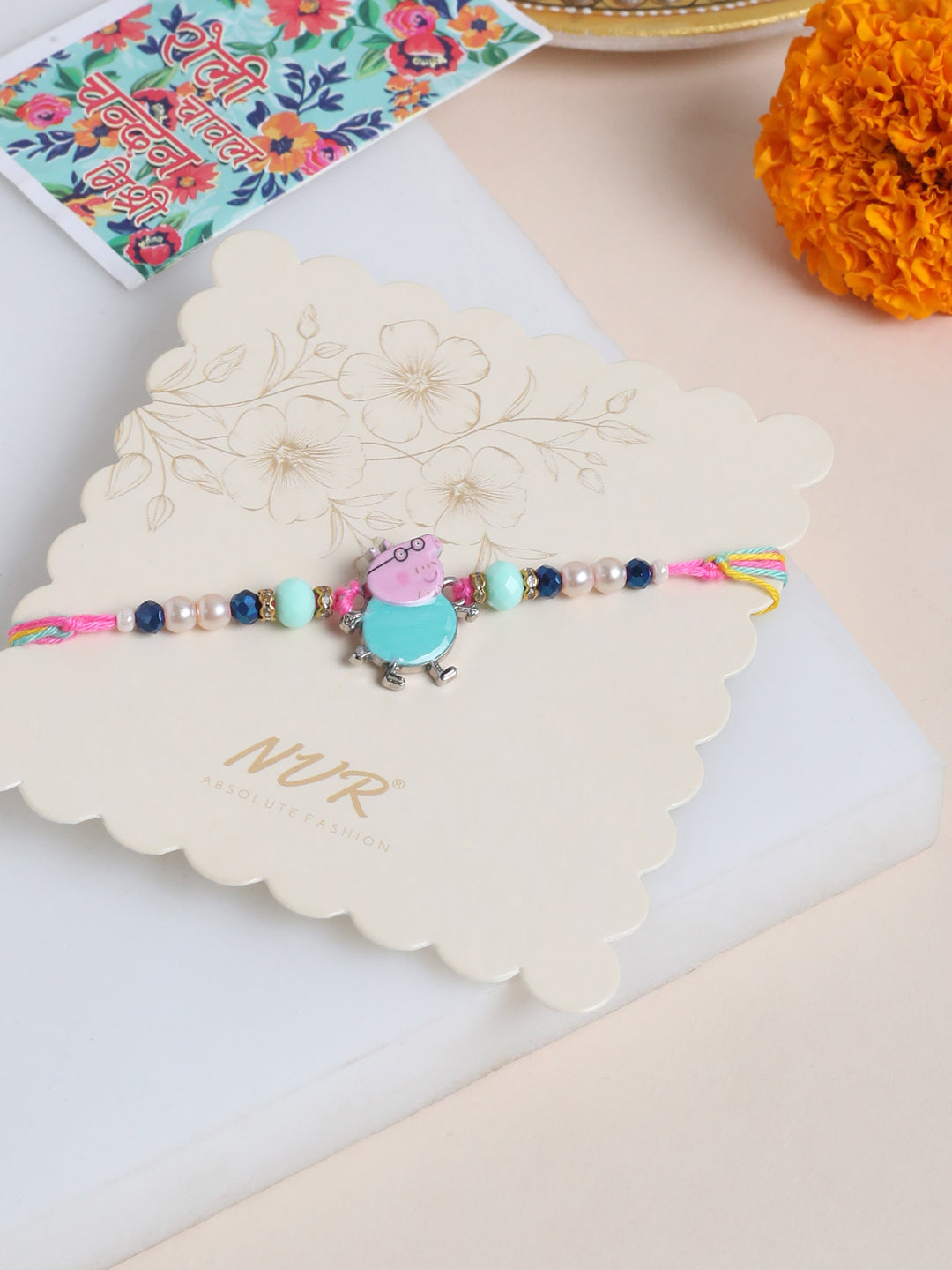 NVR Kids Cartoon Character Artificial Beads Rakhi with Roli Chawal Chandan & Mishri