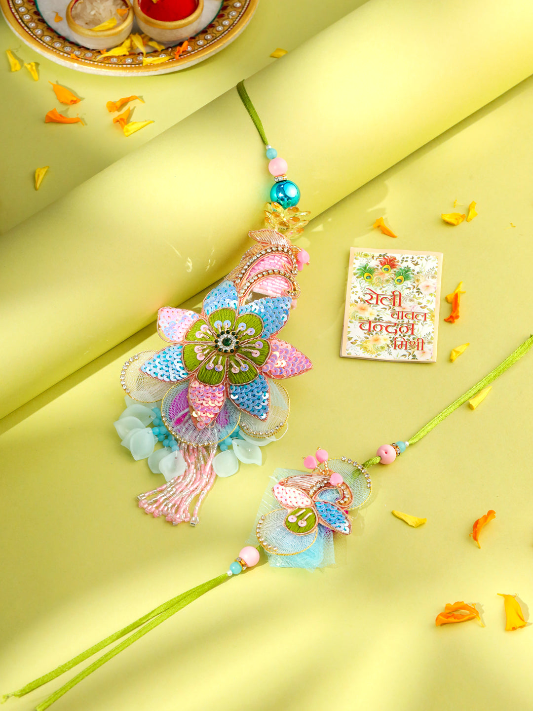 NVR Set of 2 Handmade Multicolor Artificial Stones & Beads Bhaiya Bhabhi Rakhi with Roli Chawal Chandan & Mishri