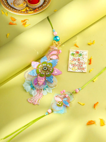NVR Set of 2 Handmade Multicolor Artificial Stones & Beads Bhaiya Bhabhi Rakhi with Roli Chawal Chandan & Mishri