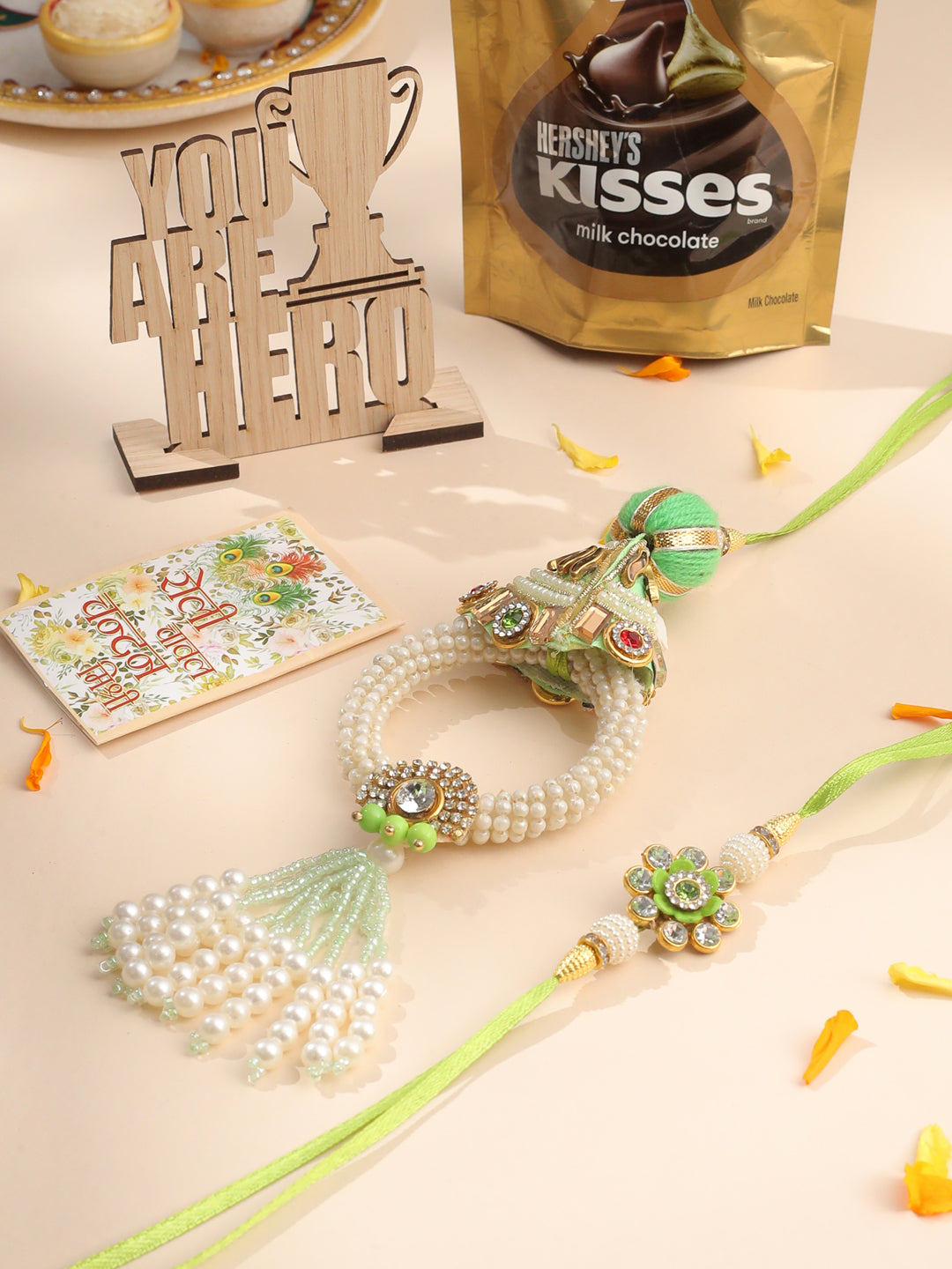 NVR Set of 2 Handcrafted Green Artificial Stones & Pearls Bhaiya Bhabhi Rakhi Combo