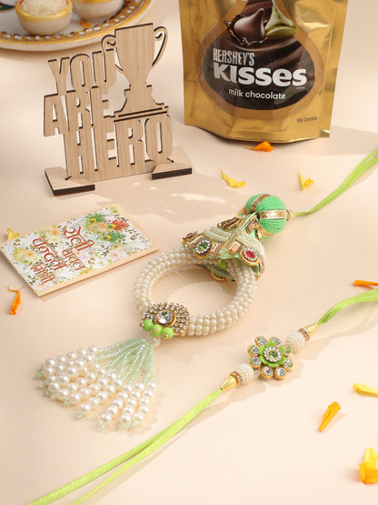 NVR Set of 2 Handcrafted Green Artificial Stones & Pearls Bhaiya Bhabhi Rakhi Combo
