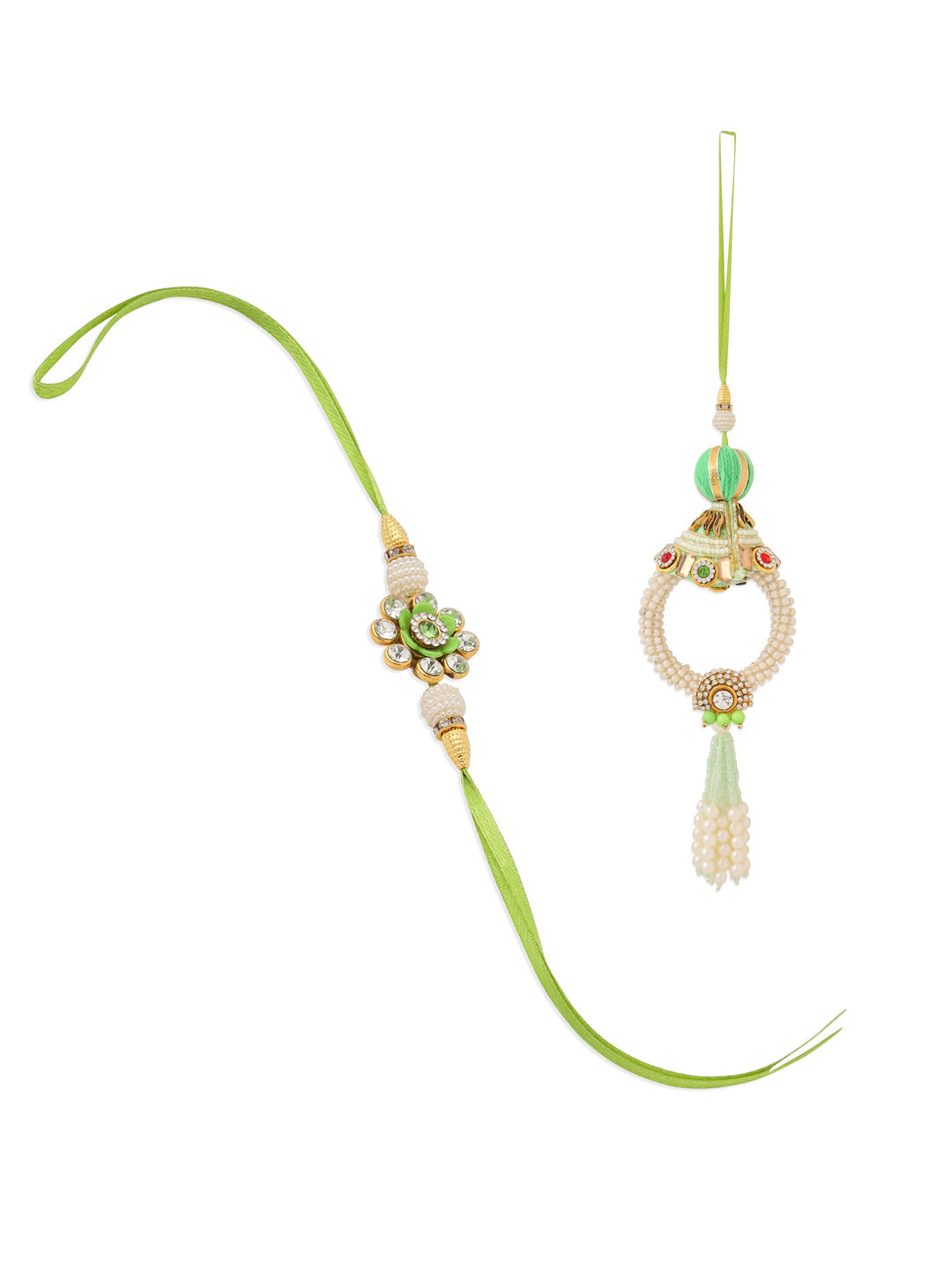 NVR Set of 2 Handcrafted Green Artificial Stones & Pearls Bhaiya Bhabhi Rakhi Combo