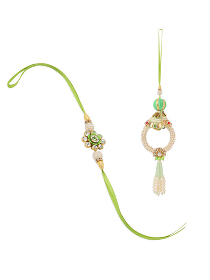 NVR Set of 2 Handcrafted Green Artificial Stones & Pearls Bhaiya Bhabhi Rakhi Combo