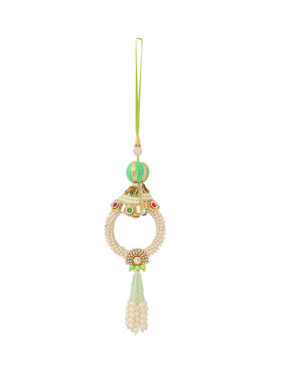 NVR Set of 2 Handcrafted Green Artificial Stones & Pearls Bhaiya Bhabhi Rakhi with Roli Chawal Chandan & Mishri