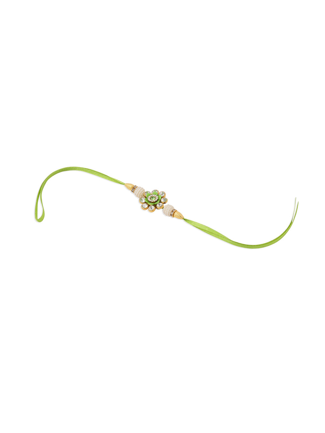 NVR Set of 2 Handcrafted Green Artificial Stones & Pearls Bhaiya Bhabhi Rakhi with Roli Chawal Chandan & Mishri