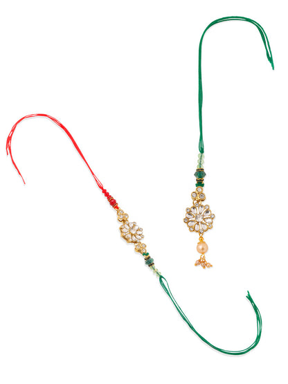 NVR Set of 2 Gold Toned Kundan Studded Floral Design Bhaiya Bhabhi Rakhi Combo