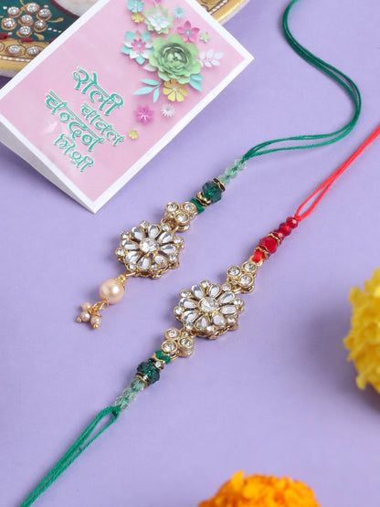 NVR Set of 2 Gold Toned Kundan Studded Floral Design Bhaiya Bhabhi Rakhi with Roli Chawal Chandan & Mishri