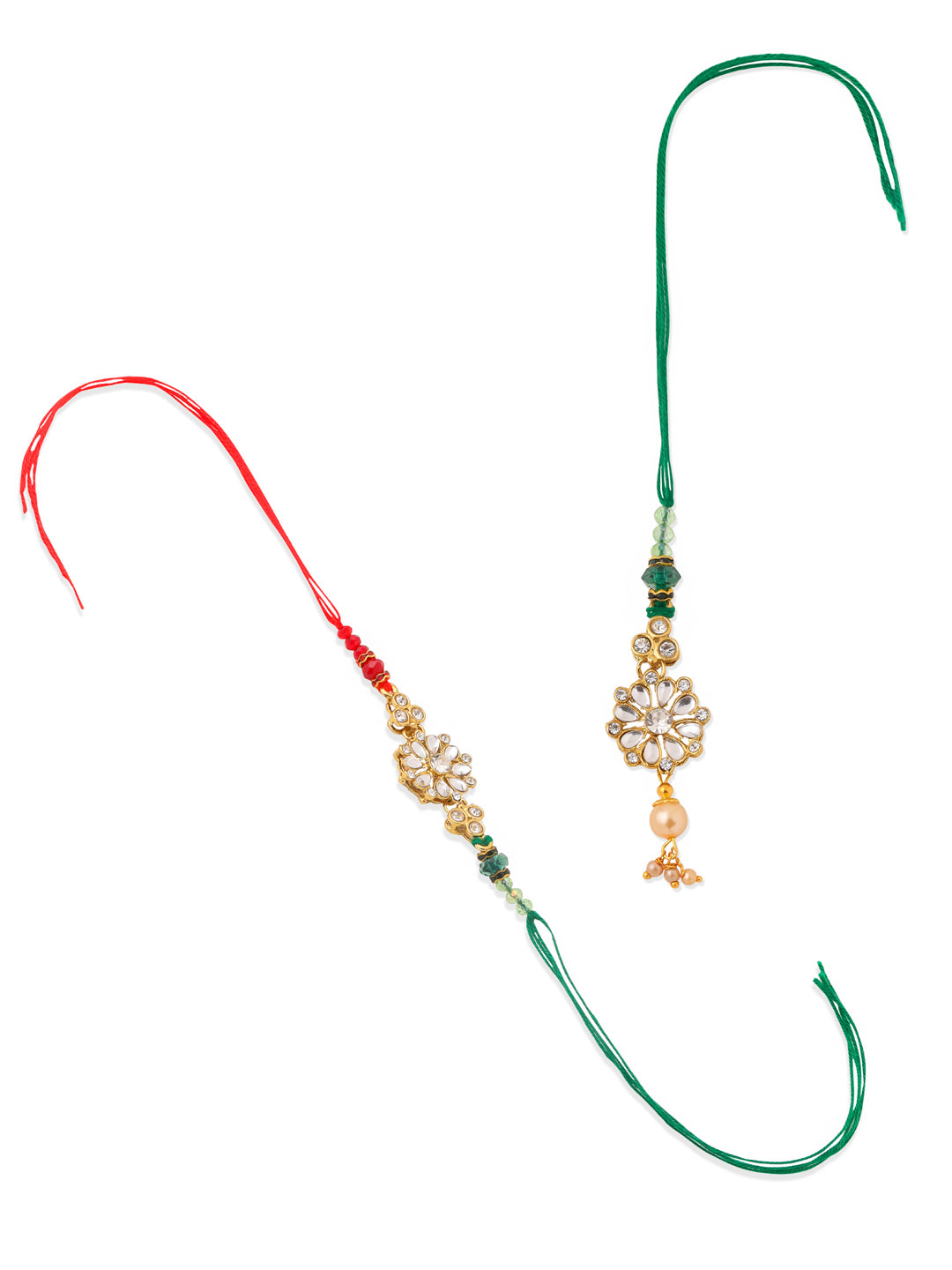 NVR Set of 2 Gold Toned Kundan Studded Floral Design Bhaiya Bhabhi Rakhi with Roli Chawal Chandan & Mishri