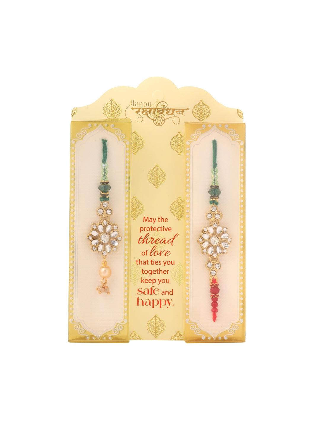 NVR Set of 2 Gold Toned Kundan Studded Floral Design Bhaiya Bhabhi Rakhi with Roli Chawal Chandan & Mishri