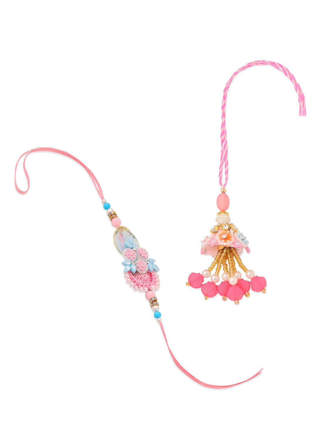 NVR Set of 2 Multicolor Handcrafted Artificial Stones & Pearls Bhaiya Bhabhi Rakhi with Roli Chawal Chandan & Mishri