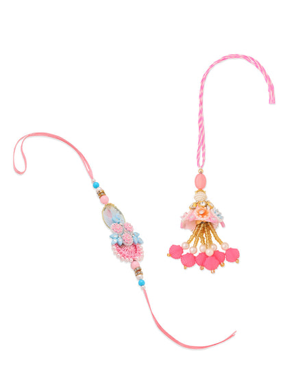 NVR Set of 2 Multicolor Handcrafted Artificial Stones & Pearls Bhaiya Bhabhi Rakhi with Roli Chawal Chandan & Mishri
