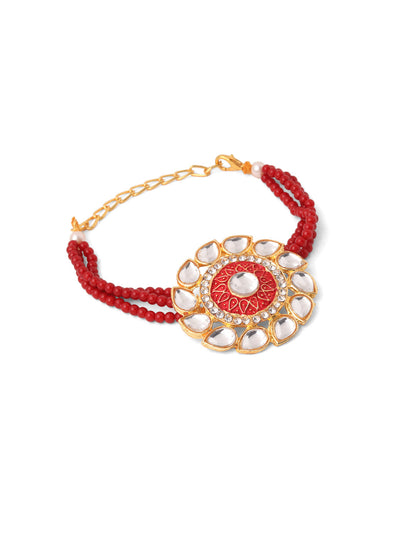 NVR Set of 2 Handmade Red Kundan Studded Floral Design Bhaiya Bhabhi Rakhi Combo