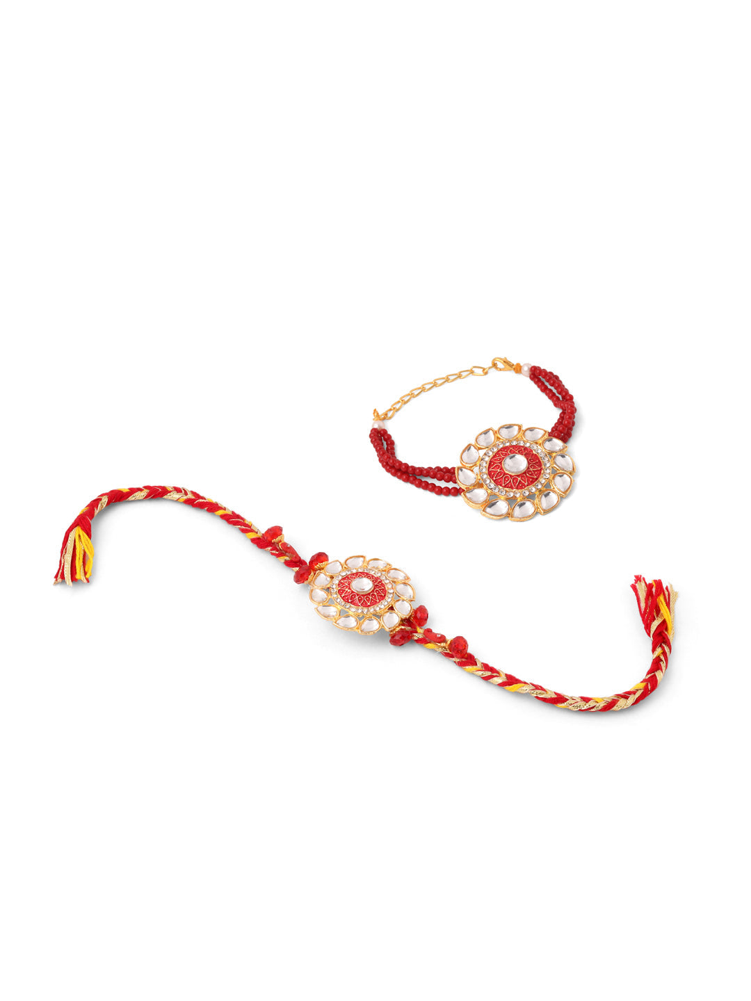 NVR Set of 2 Handmade Red Kundan Studded Floral Design Bhaiya Bhabhi Rakhi with Roli Chawal Chandan & Mishri