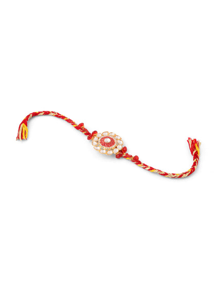 NVR Set of 2 Handmade Red Kundan Studded Floral Design Bhaiya Bhabhi Rakhi with Roli Chawal Chandan & Mishri