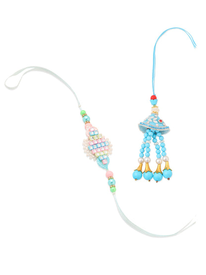 NVR Set of 2 Blue & Pink Artificial Stones & Beads Bhaiya Bhabhi Rakhi Combo