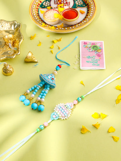 NVR Set of 2 Blue & Pink Artificial Stones & Beads Bhaiya Bhabhi Rakhi with Roli Chawal Chandan & Mishri