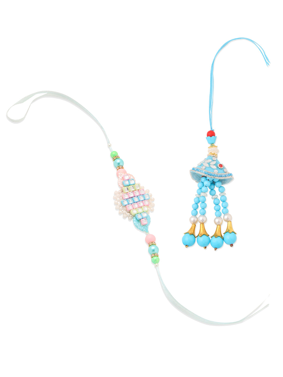 NVR Set of 2 Blue & Pink Artificial Stones & Beads Bhaiya Bhabhi Rakhi with Roli Chawal Chandan & Mishri