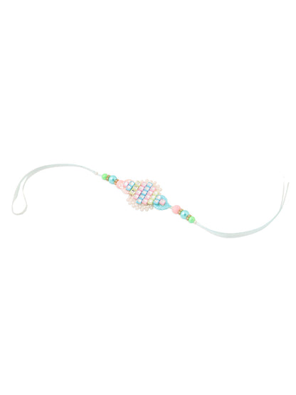 NVR Set of 2 Blue & Pink Artificial Stones & Beads Bhaiya Bhabhi Rakhi with Roli Chawal Chandan & Mishri
