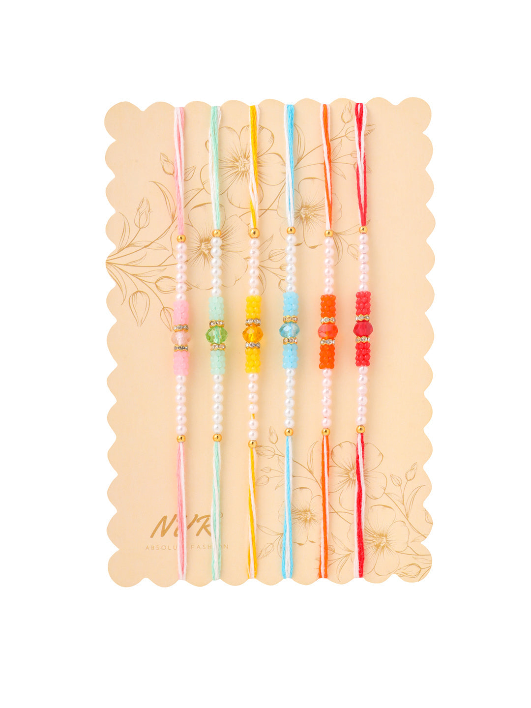 NVR Men Set of 6 Multicolor Artificial Stones & Pearls Rakhi with Roli Chawal Chandan & Mishri
