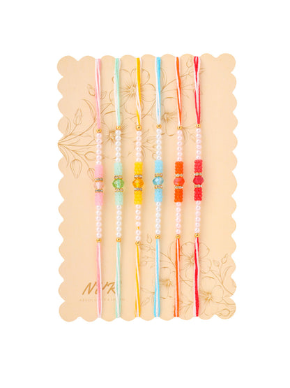 NVR Men Set of 6 Multicolor Artificial Stones & Pearls Rakhi with Roli Chawal Chandan & Mishri