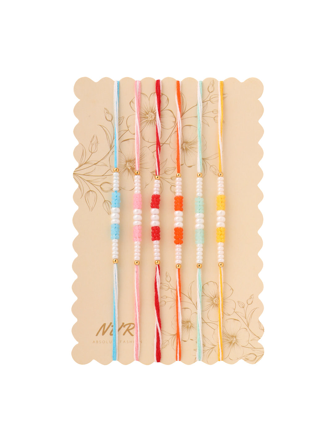 NVR Men Set of 6 Multicolor Pearls Thread Rakhi with Roli Chawal Chandan & Mishri