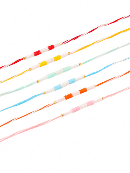 NVR Men Set of 6 Multicolor Pearls Thread Rakhi with Roli Chawal Chandan & Mishri