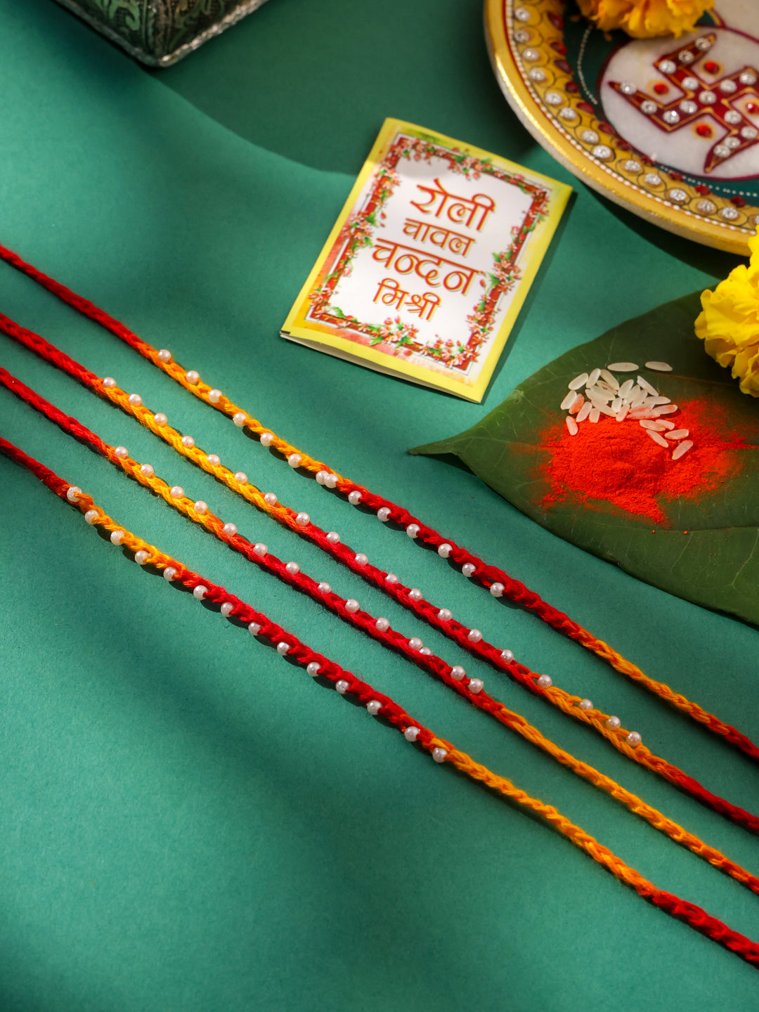 NVR Men Set of 4 Pearls Traditional Red Thread Rakhi with Roli Chawal Chandan & Mishri