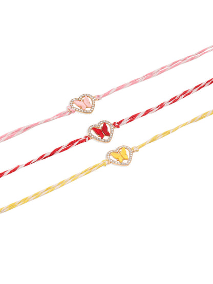 NVR Men Set of 3 Heart Shape Multicolor Artificial Stones Thread Rakhi with Roli Chawal Chandan & Mishri