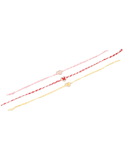 NVR Men Set of 3 Heart Shape Multicolor Artificial Stones Thread Rakhi with Roli Chawal Chandan & Mishri