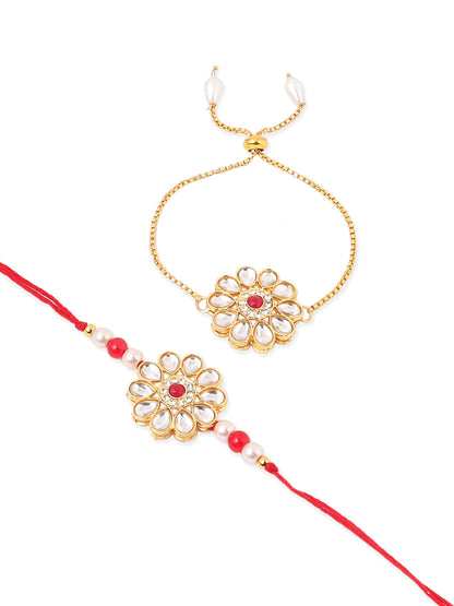 NVR Set of 2 Gold Toned Kundan Studded Floral Design Bhaiya Bhabhi Rakhi Combo