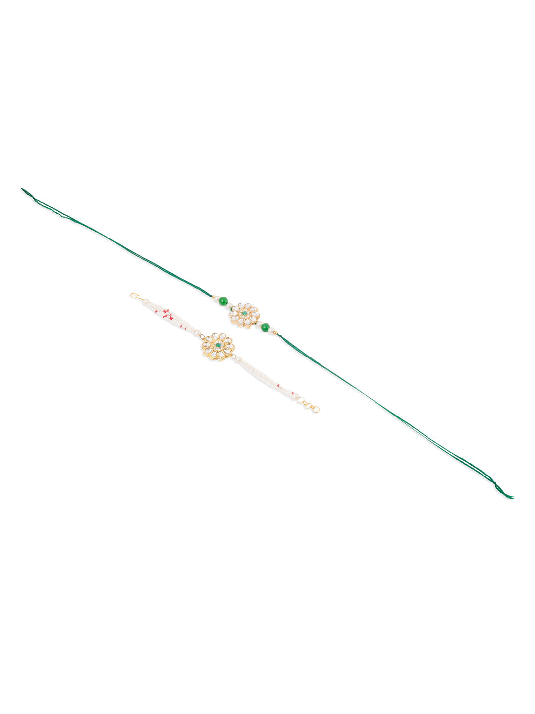 NVR Set of 2 Kundan Studded Floral Design Gold Toned Bhaiya Bhabhi Rakhi Combo