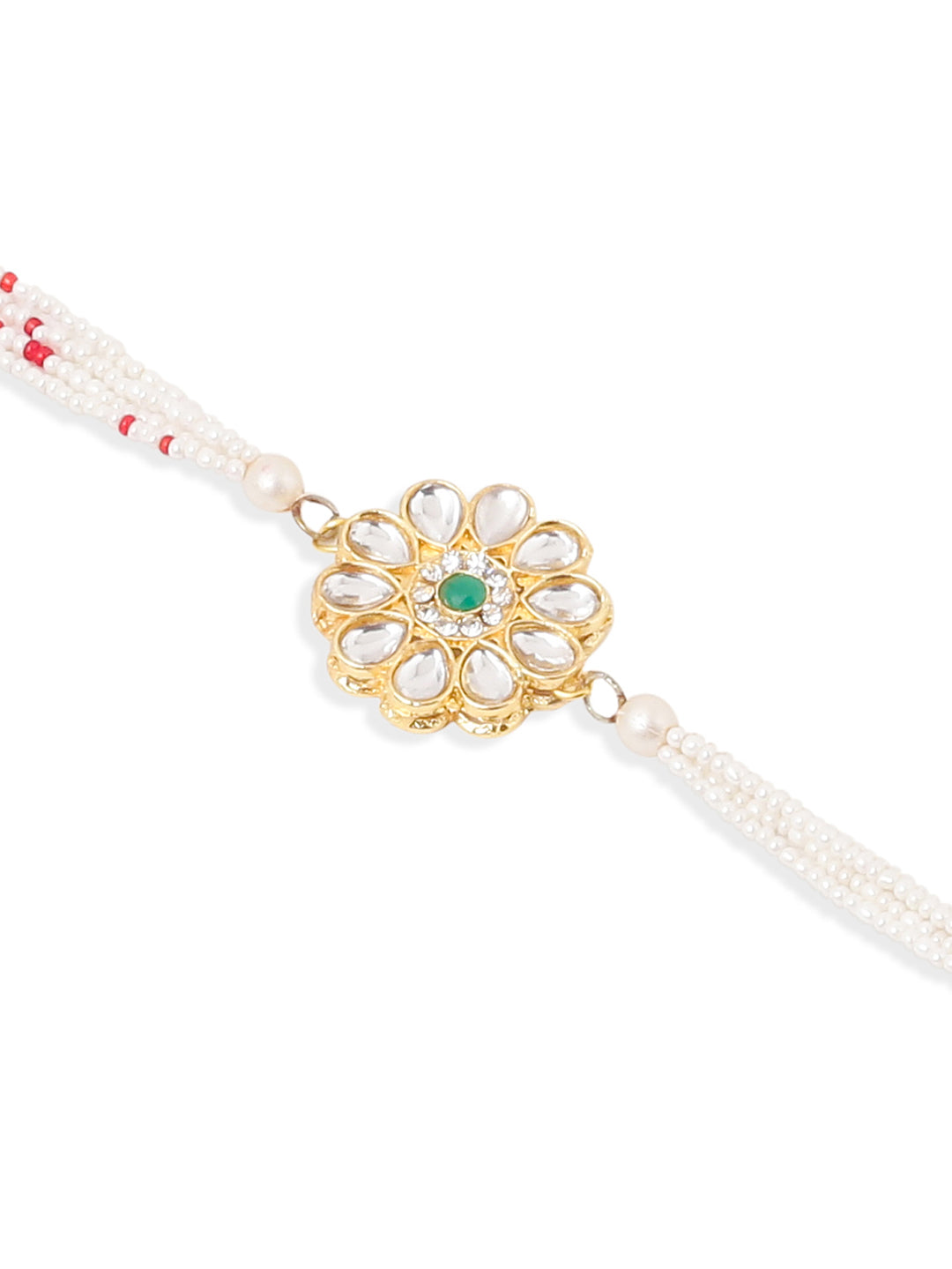 NVR Set of 2 Kundan Studded Floral Design Gold Toned Bhaiya Bhabhi Rakhi Set with Roli Chawal Chandan & Mishri
